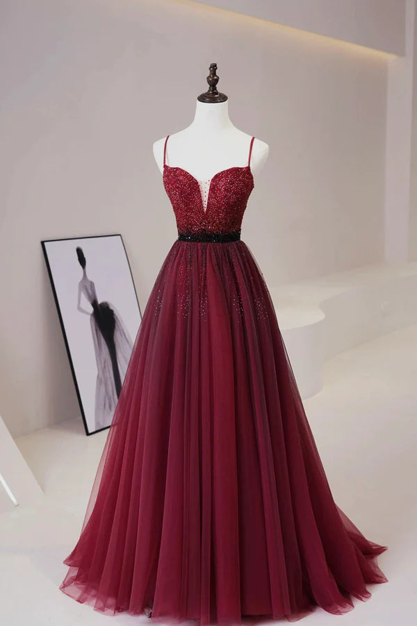 Wholesale Burgundy Tulle Long Prom Dress with Beaded Spaghetti Straps Evening Dress